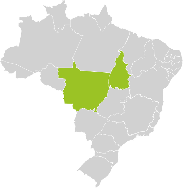 Mapa do Brasil com os Estado do Mato Grosso marcado de verde