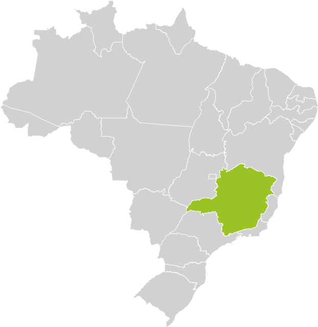 Mapa do Brasil com os Estado de Minas Gerais marcado de verde